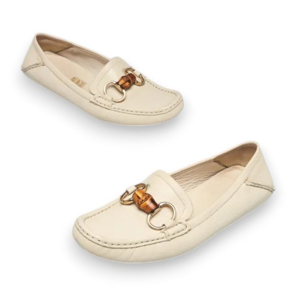 Gucci Bamboo Horsebit Loafers Ivory Pebbled Leather Flats Made in Italy EU36.5